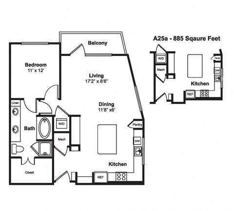 Floor plan for 1 bed, 1 bath, 897 sqft